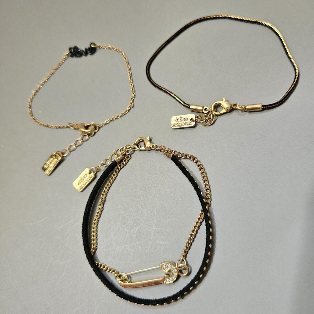 American Eagle Bracelets Set of 3 Love, Rhinestone Safety Pin Charm Goldtone